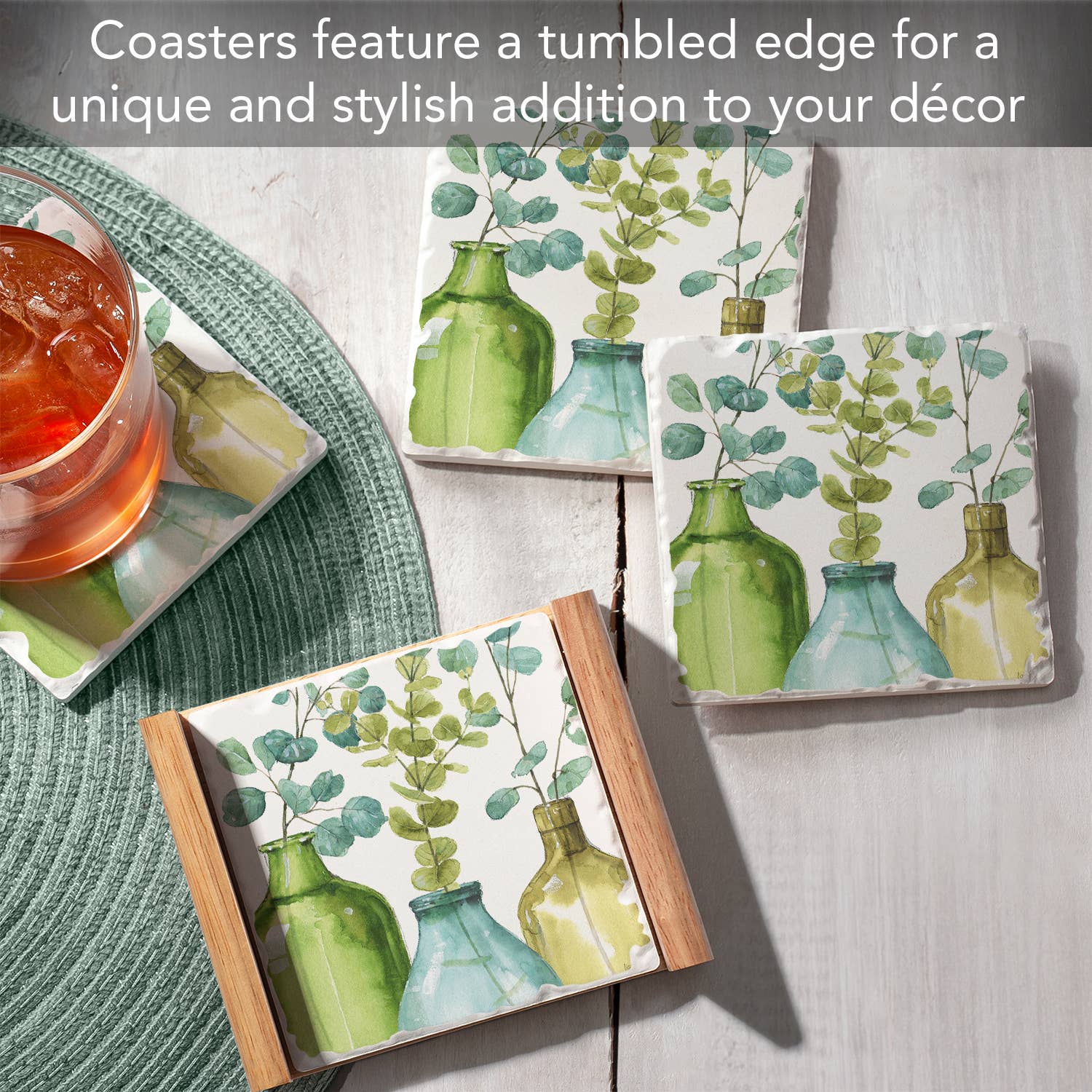 Conimar Promotions - Wholesale Coasters - Greenery 4-Pack Stone Coasters in Wooden Holder6
