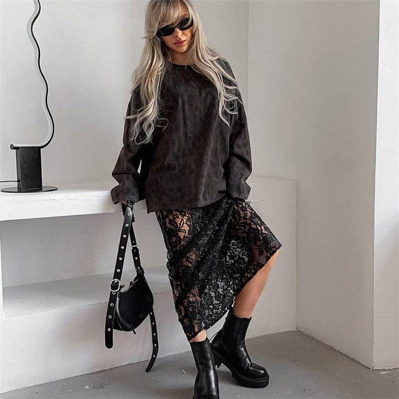 BLACK Elegant Lace Floral High-Waisted Midi Skirt for wholesale on Faire2