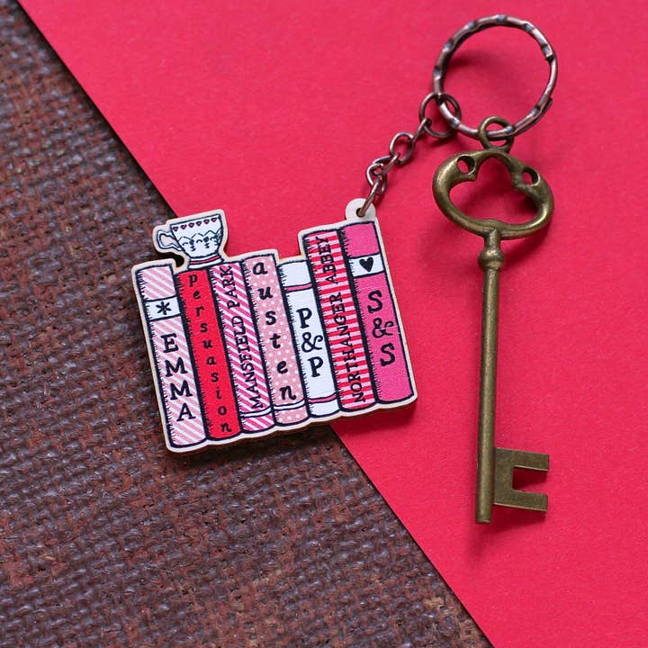 Jane Austen Bookshelf Wooden Keyring for wholesale by Laura Crow Illustration