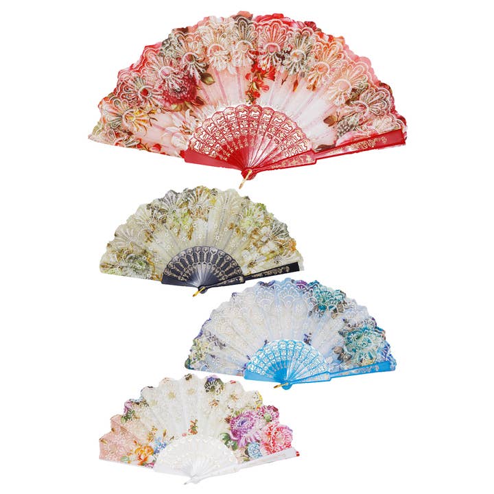 Cap Zone - Wholesale Handheld Folding Fan - Peony Lily Gold Glitter Handheld Folding Fan