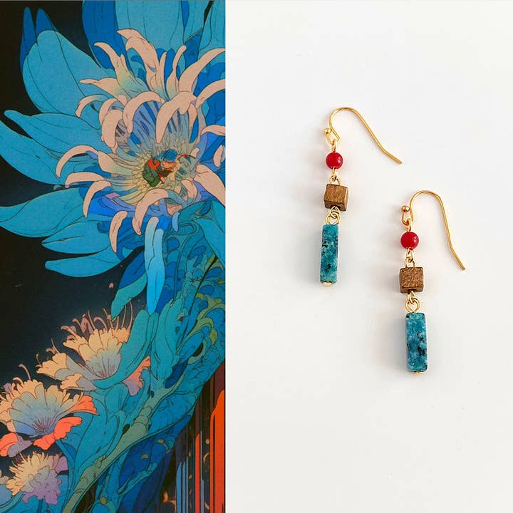 Boucles d'oreilles Narratives en Encre Bleue pour la vente par Bright MacMing