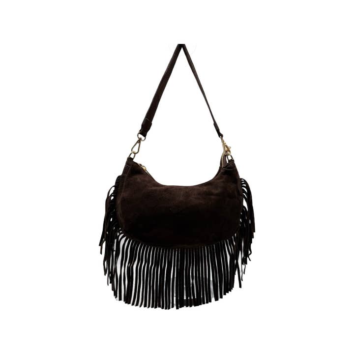 BORSA IN PELLE SCAMOSCIATA CON FRANGE DEMY per la vendita all'ingrosso da parte di Louisa lee