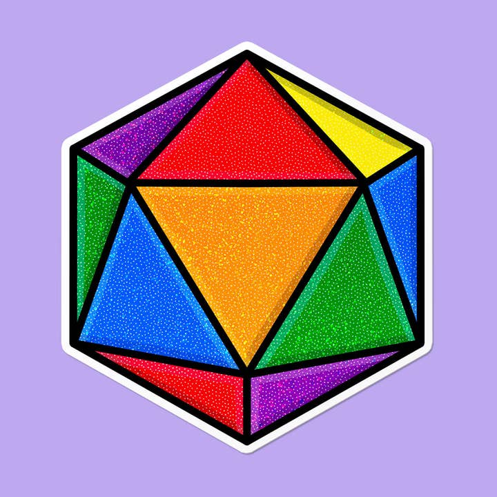 Gay D20 Tärning | HBTQ+ Stolthet Nördig Gamer Holografisk Klistermärke för wholesale av That Queer Card Co