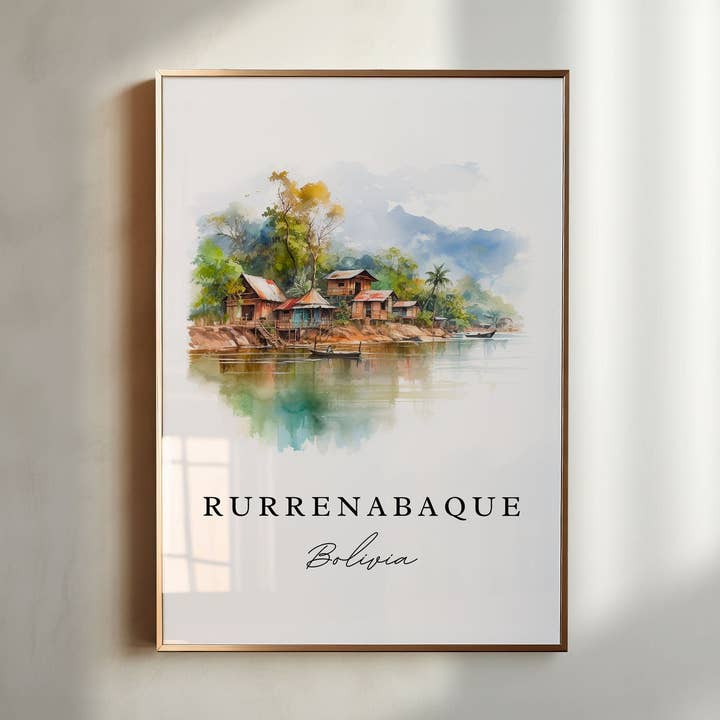 Arte de viagem tradicional de Rurrenabaque - Bolívia, impressão de poster de Rurrenabaque, Presente de casamento, Presente de aniversário, Texto personalizado, Presente perfeito por atacado de Premium Travel Art