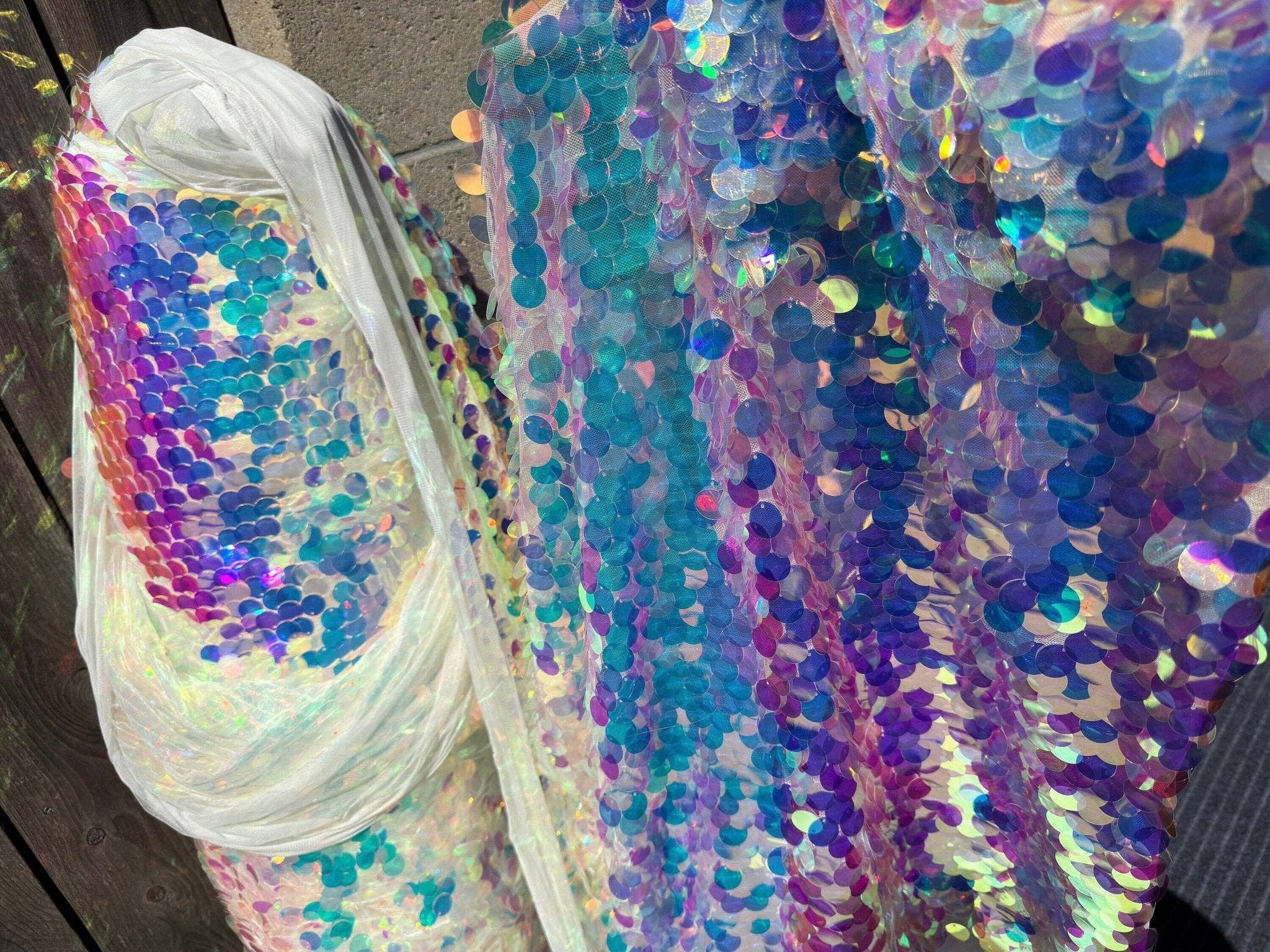 GalaTextile - Wholesale Fabric - Iridescent Coin Sequin on White Mesh Fabric by Yard Jumbo Paillette Sequins on Mesh Material for Event Decoration, Backdrops, Bridal Fabric7