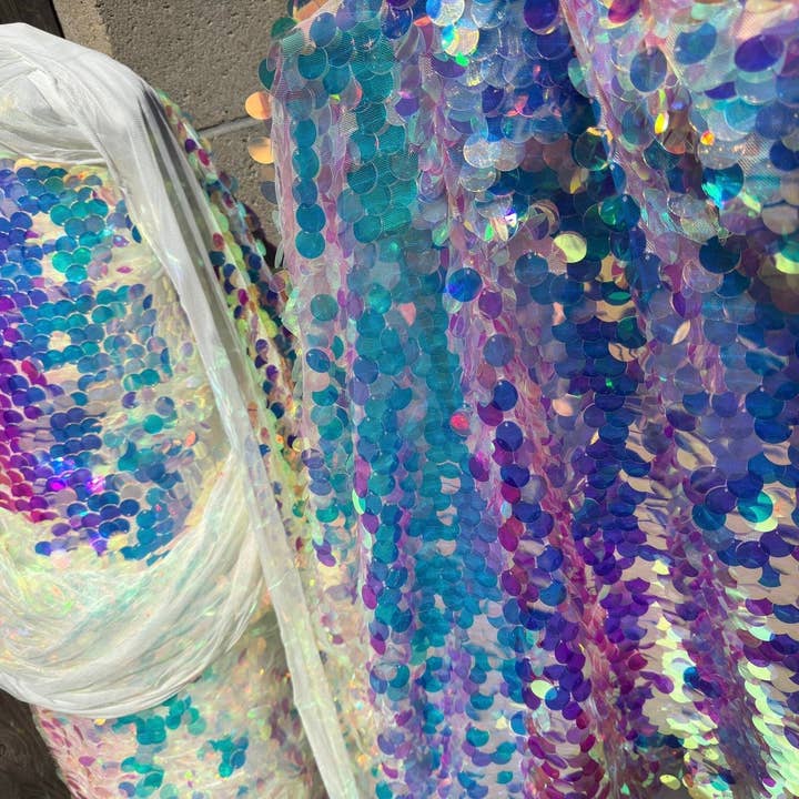 GalaTextile - Wholesale Fabric - Iridescent Coin Sequin on White Mesh Fabric by Yard Jumbo Paillette Sequins on Mesh Material for Event Decoration, Backdrops, Bridal Fabric7