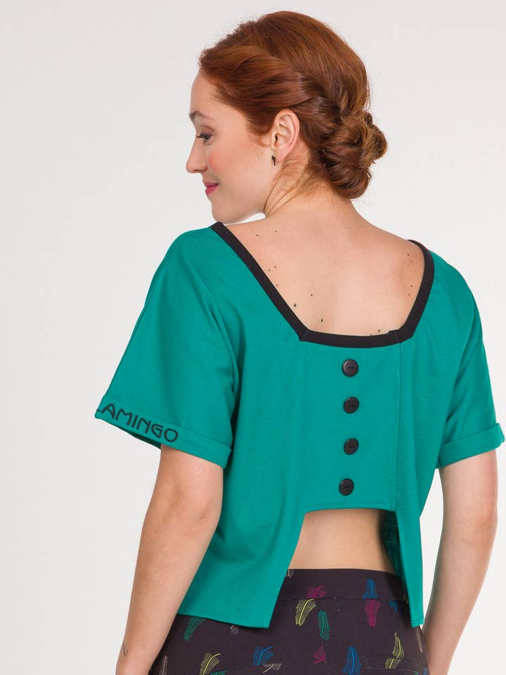 Black Flamingo - Vendita all'ingrosso Maglietta - Donna - T-shirt Fiona da donna in cotone a maniche corte con stampa e bottoni