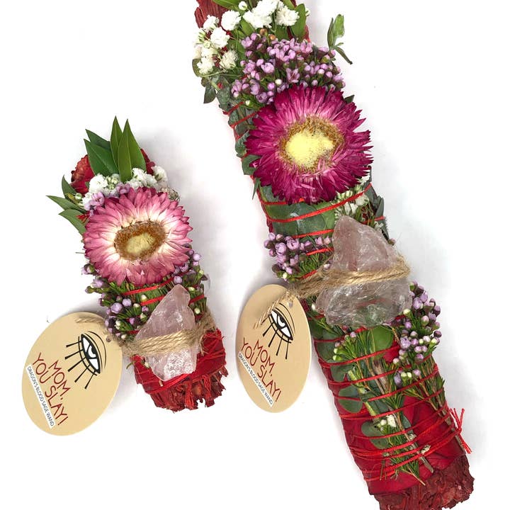RITUAL GYPSY SAGE WANDS - Wholesale Sage Bundle - 'MOM, YOU SLAY!' - Dragon's Blood Sage + Rose Quartz - 4/9"