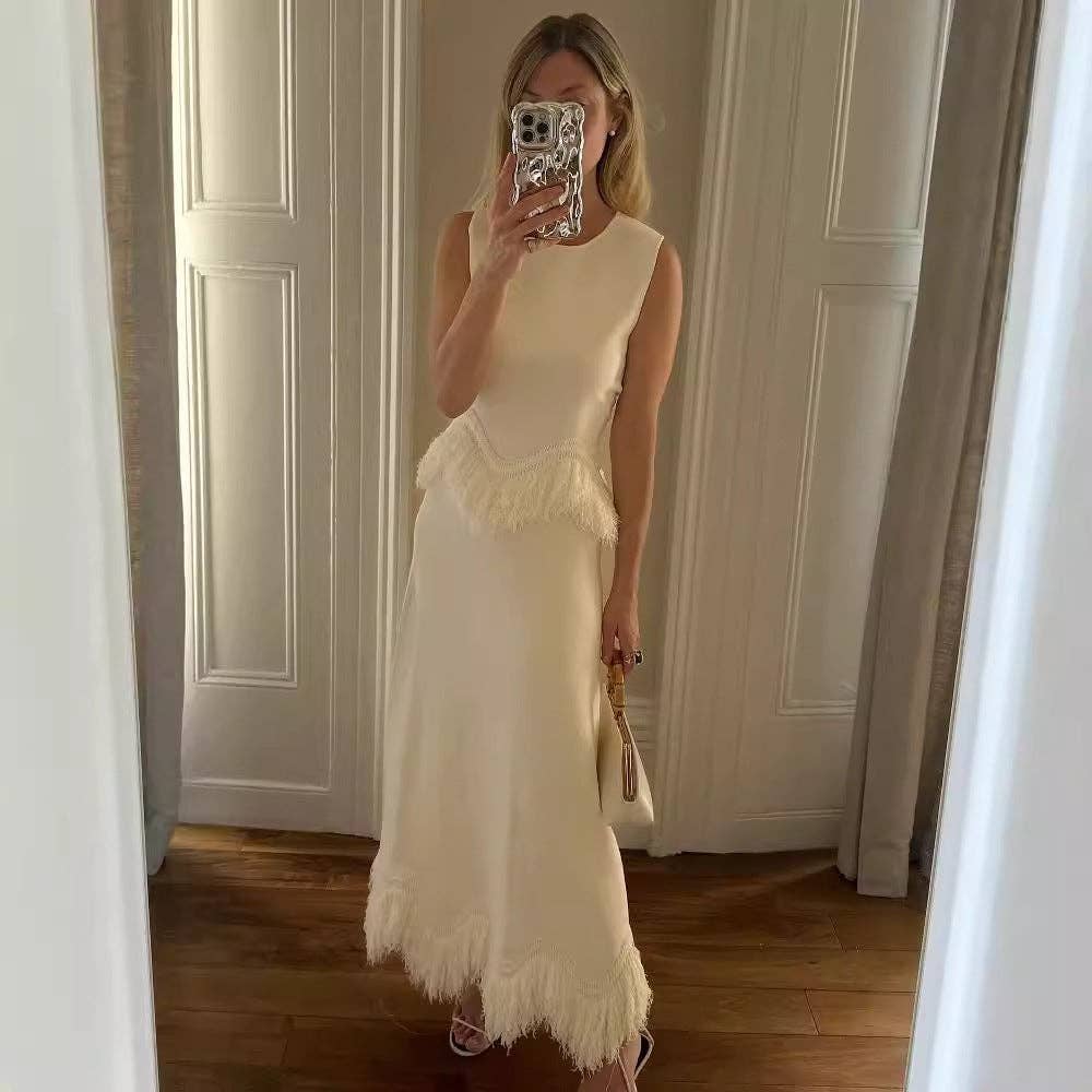 Cream White Elegant fringe dress set Autumn  winter nights for wholesale on Faire7
