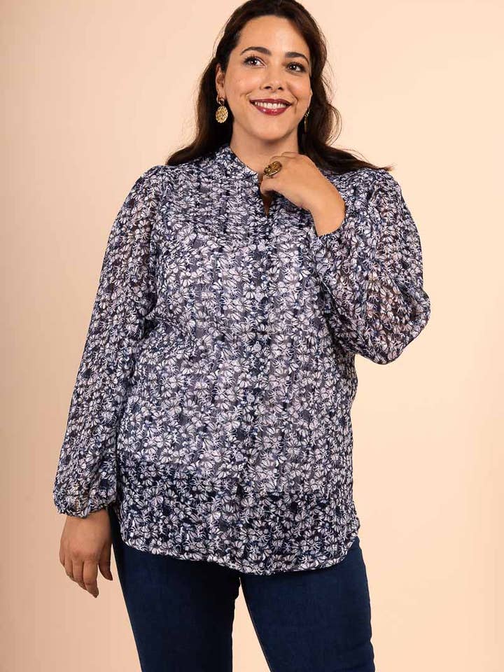 3/4 sleeve navy print blouse with lapel for wholesale by You Udress