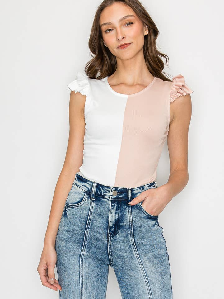 RIBBED COLOR BLOCK RUFFLED BODYSUIT 4006 for wholesale by WISTERIA LANE