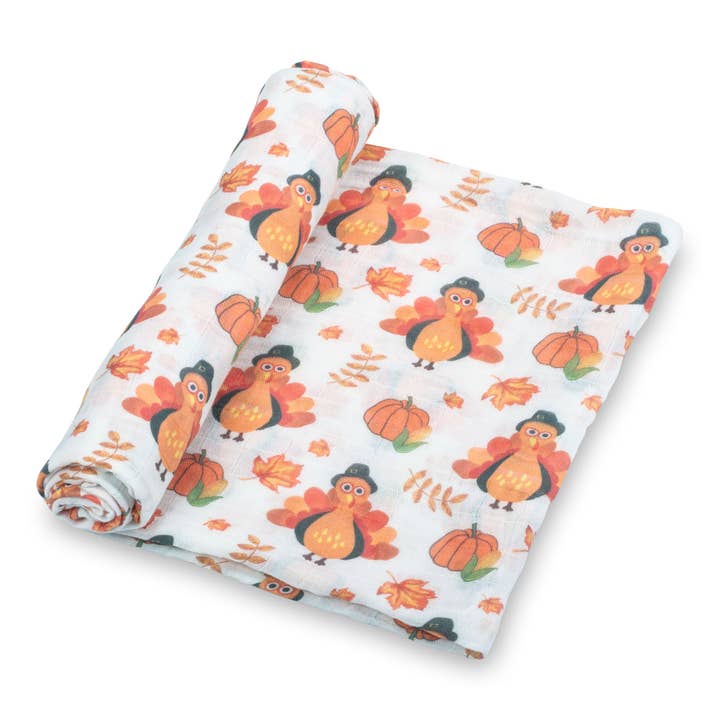 Little Gobbler Turkey Fall Holiday Baby Muslin Blanket for wholesale by LollyBanks