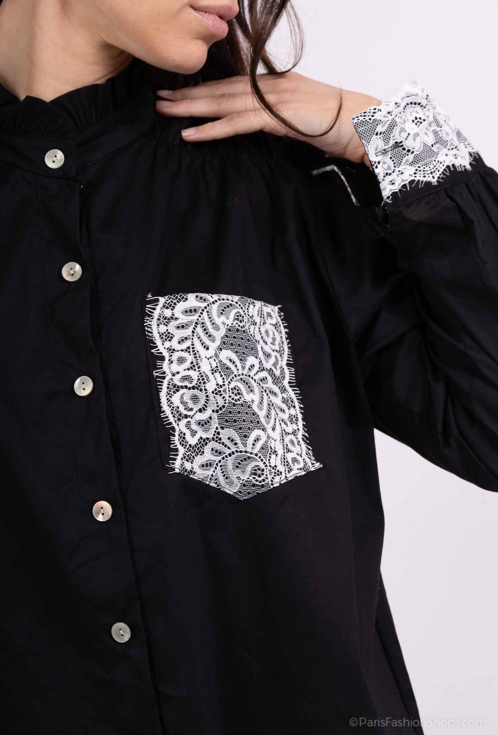Pépouz' Paris - Vente Chemise à col boutonné – femme - Chemise col mao avec dentelle PC251824
