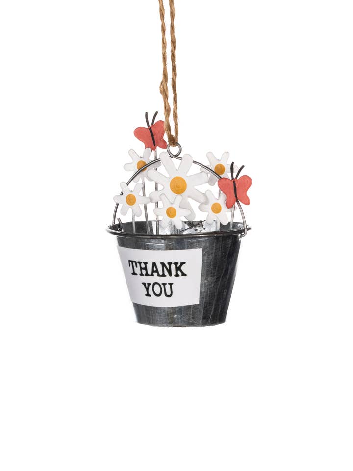 Tak blomster i spand hængende for engroshandel hos Shoeless Joe Ltd