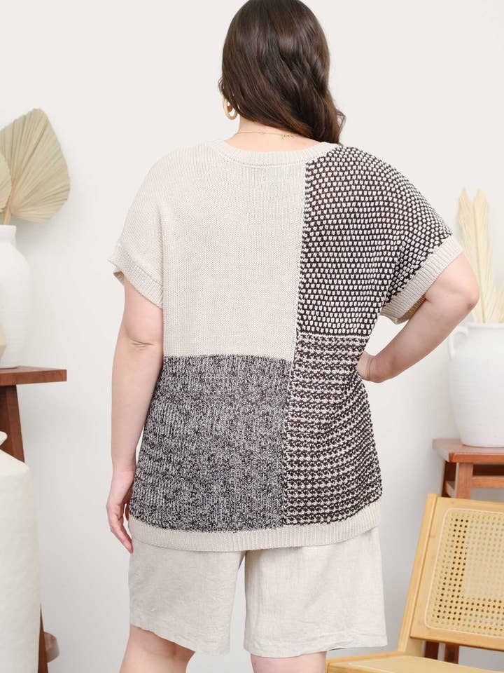 Blu Pepper - Wholesale Knit Sweater - Women's - PLUS MULTI PATTERN COLORBLOCK SHORT SLEEVE SWEATER