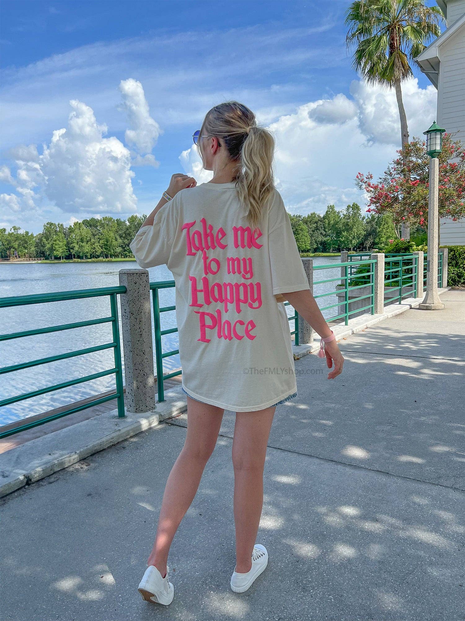 THE FMLY SHOP - Wholesale Screen Printed T-Shirt - Women's - Take me to my Happy Place, Pink Puffed Ink Tee3