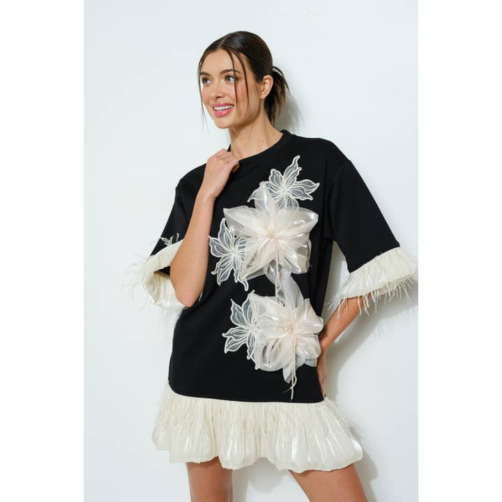 BLACK Bead Embellished Floral Applique Mini Dress for wholesale on Faire