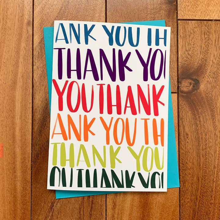 Cartão de agradecimento colorido com letras à mão da Stonedonut Design por atacado de Stone Donut Design, LLC