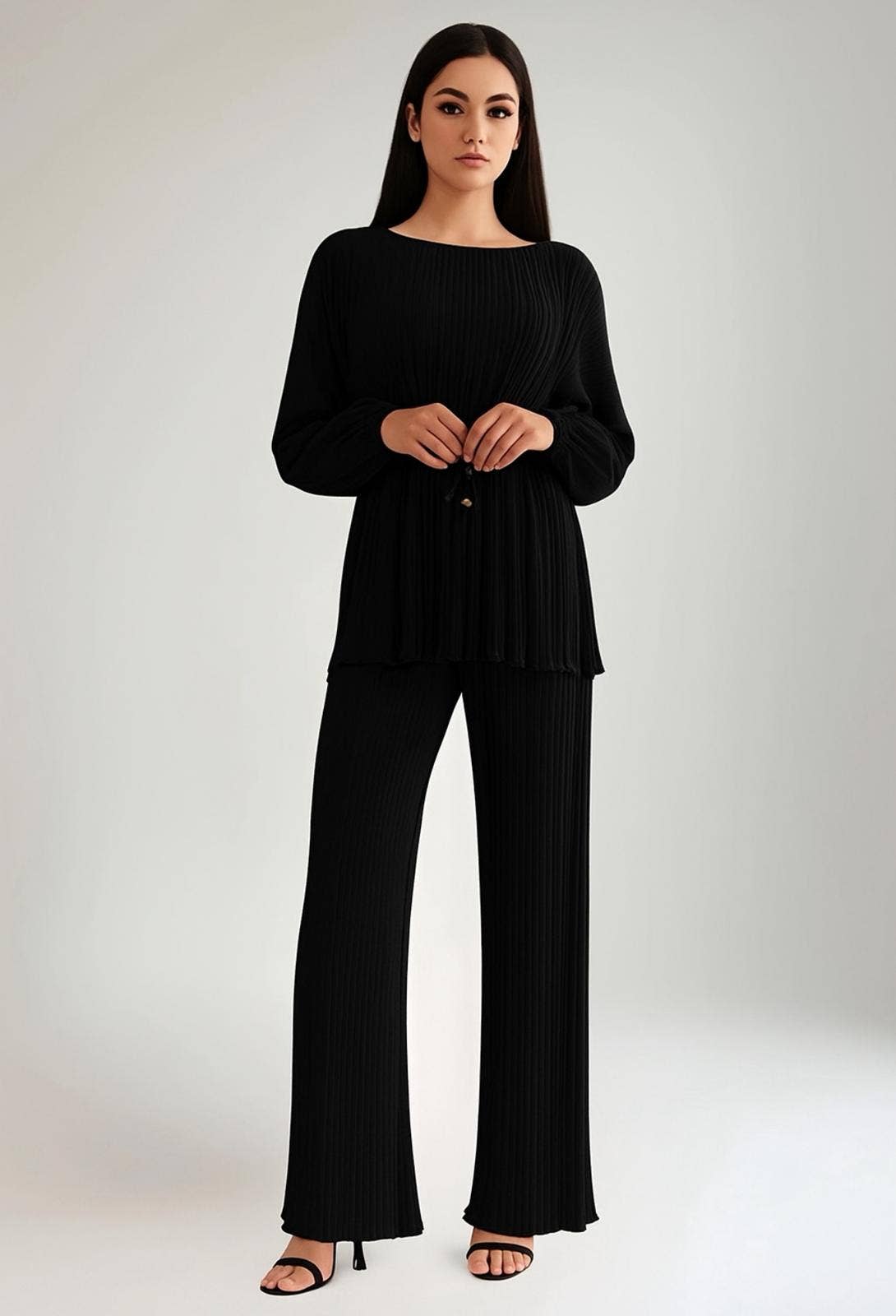 LORIANE - Vendita all'ingrosso Completo top e pantaloni (NON loungewear) - Donna - 7339E Completo plissettato tinta unita con top e pantaloni8