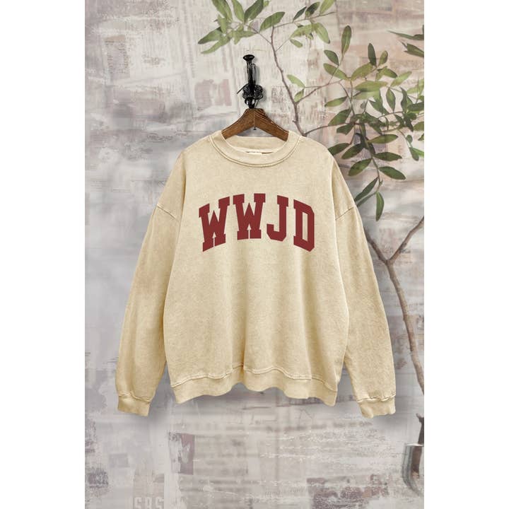 WWJD "WAT ZOU JEZUS DOEN" GRAFISCHE MINERAALWAS SWEATSHIRT voor wholesale door VINTAGE POINT USA
