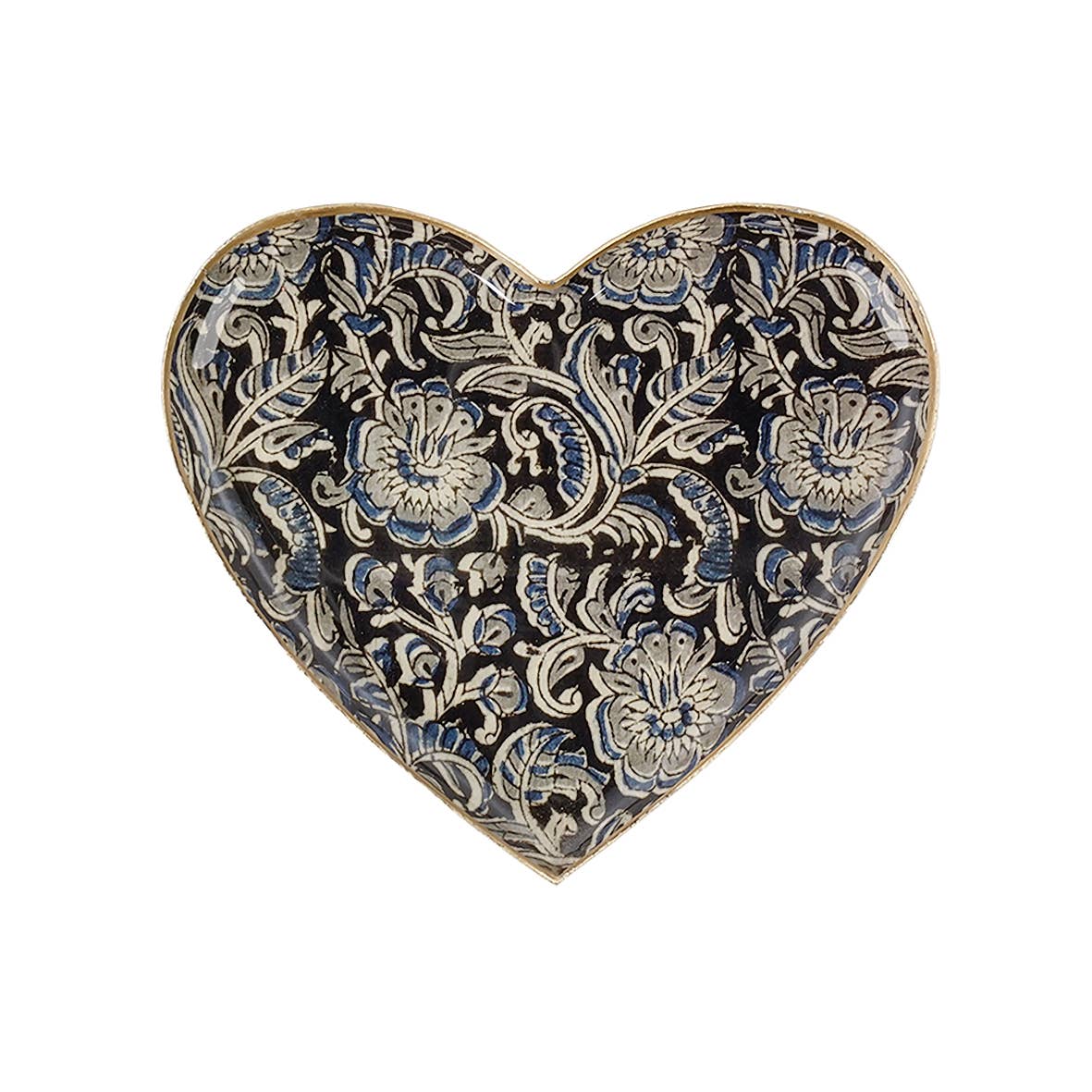 Maison Lilo – wholesale Decorative tray – Kalamkari enamelled metal heart tray 15x15, golden border1