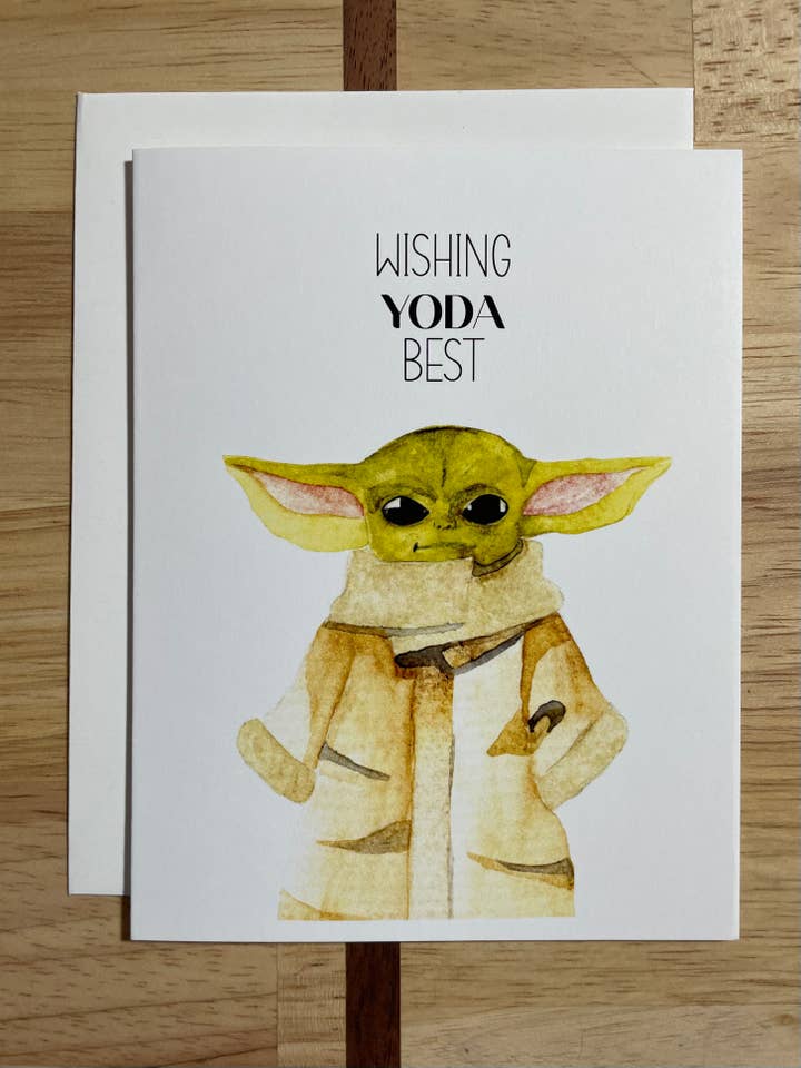 Wishing Yoda Best - Baby Yoda - Watercolor Greeting Card for wholesale by Kristin Schmidt Artist