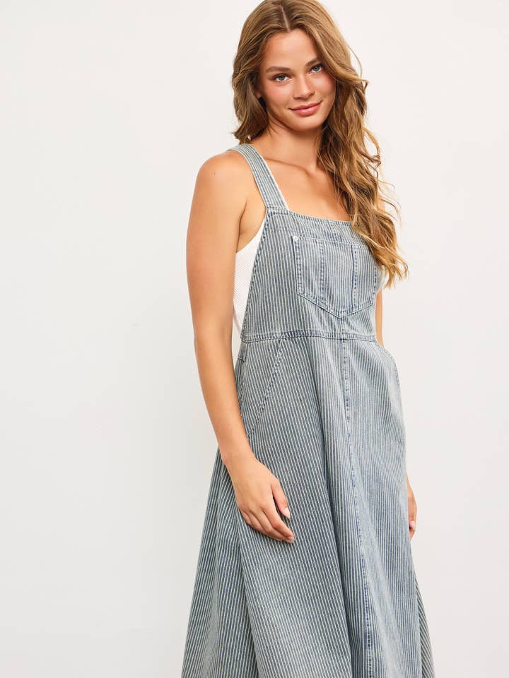SAND WASH STRIPED DENIM SUSPENDERS SLEEVELESS LONG DRESS for wholesale on Faire