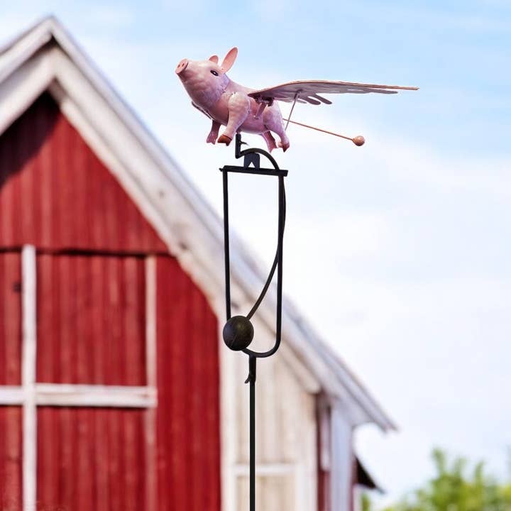 Single Metal Rustic Rocking Flying Pig Stake for wholesale by Continental Art Center