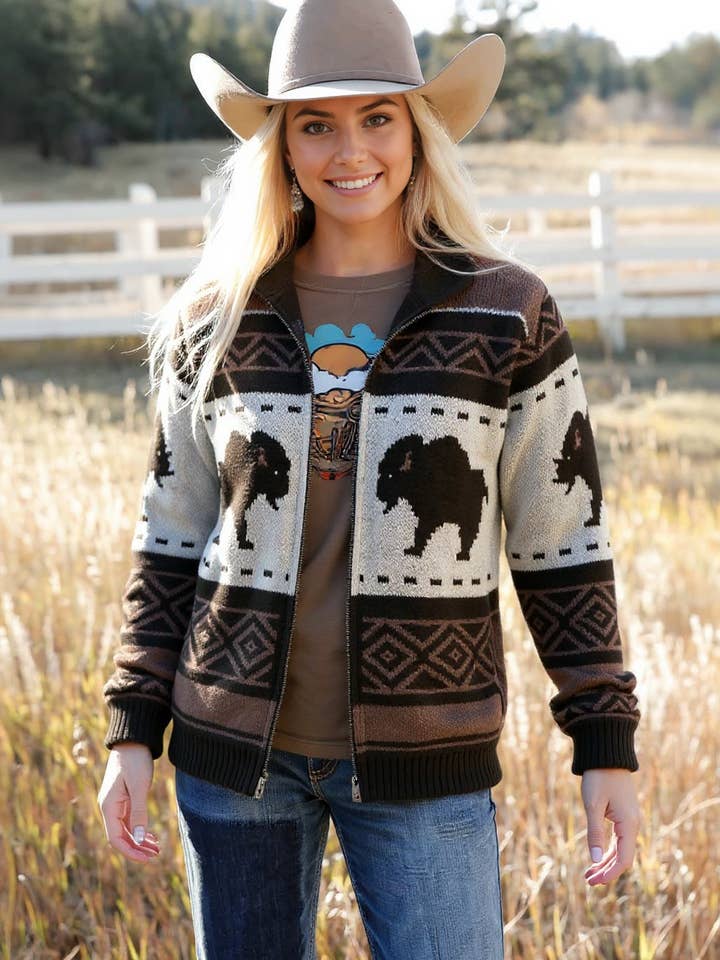 Southwestern vintage Aztec Buffalo zip-up knit sweater for wholesale by Rosa Clothing