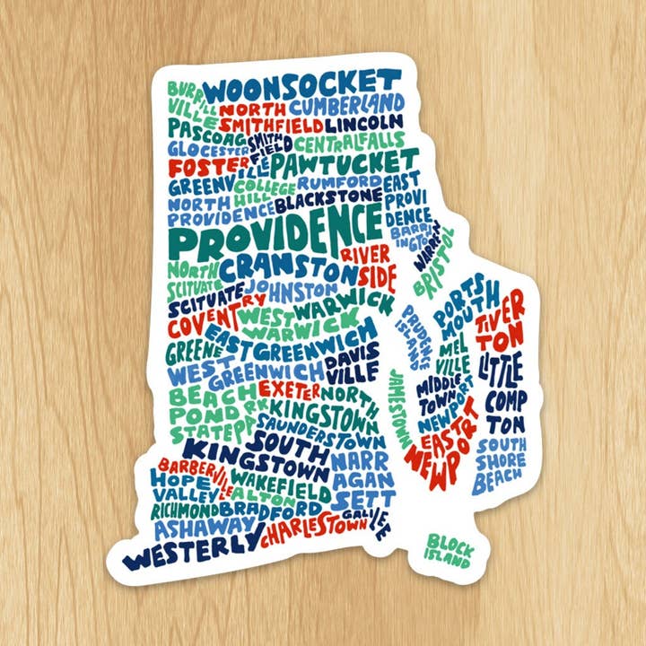 Autocollant carte des villes du Rhode Island lettré à la main pour la vente par Wander On Words