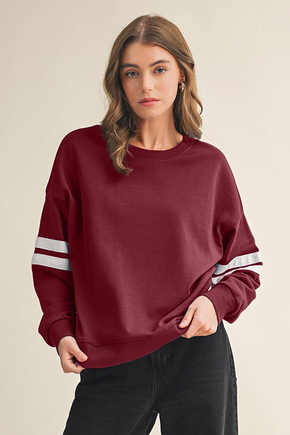 Aapparella - Wholesale Shirt - Women's - Striped Detail Drop Shoulder Oversized Sweatshirt | S-XL9