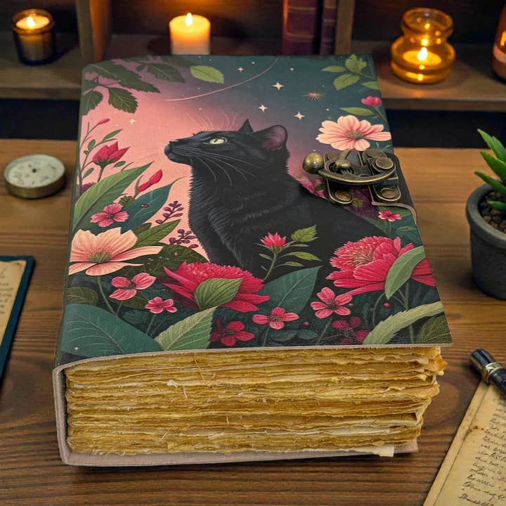 Grimorio de Cuero de Gato Negro – Cuaderno de Diario Mágico del Bosque para venta al por mayor de MNM HANDICRAFTS