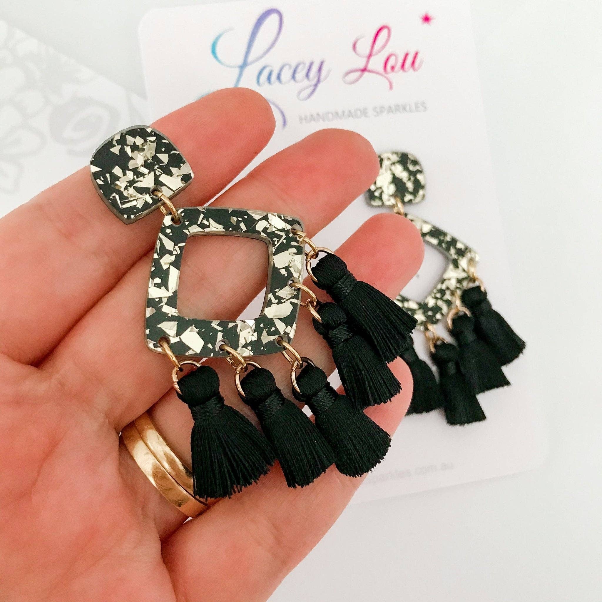 Lacey Lou Sparkles - Wholesale Dangle earrings - Large Tassel Earrings - Black and Gold Statement Acrylic Dangle