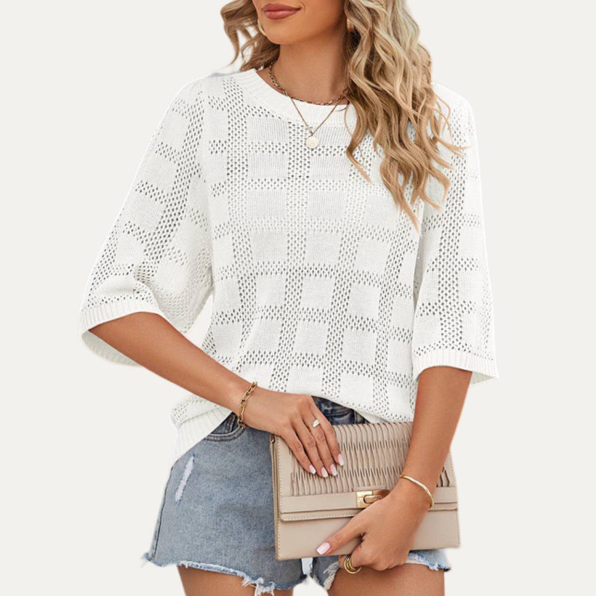 The Moment Collection - Wholesale Gebreide top - Dames - Mooie gebreide Pointelle top met geruite patroon en korte mouwen4