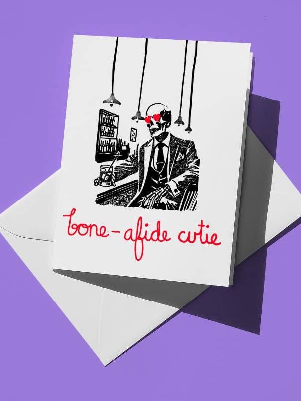 Bone-afide Cutie | Funny Halloween Card | Hand-Drawn Art Print | Spooky Fall Autumn Greeting Card for Partners | Skeleton A2 Illustration for wholesale by semiserious studio