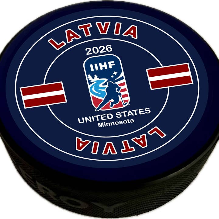 IIHF World Juniors Latvia Flag Hockey Puck for wholesale by Lowsportgeaar