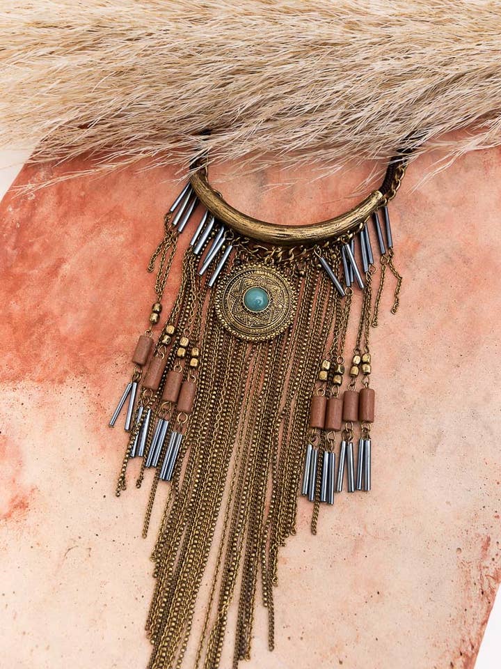 Antique Gold Turquoise Fringe Necklace for wholesale by Leto Accessories