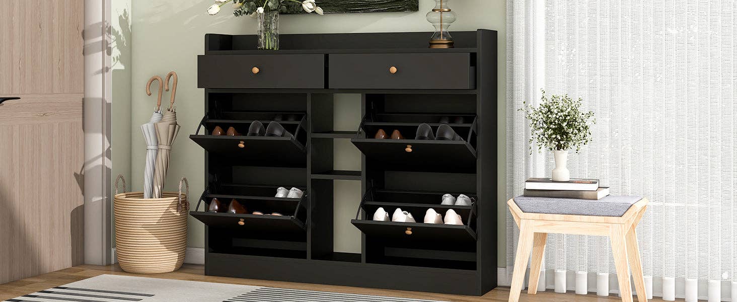 39F Inc. - Wholesale Shoe Rack - Modern Black Tipping Bucket Shoe Cabinet (4 Drawers, 2-Tier)19