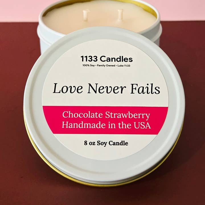 8oz Chocolate Strawberry Soy Candle | Love Never Fails | Christian Candle for wholesale by 1133 Candles