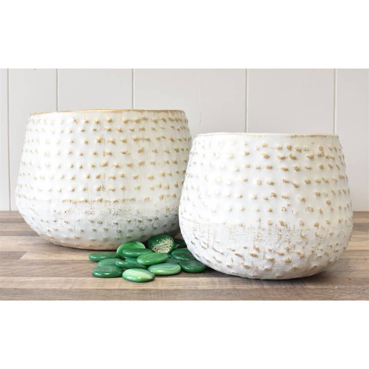 Embossed Dot Metal Planter Set of 2 - White/Gold for wholesale by David Christopher's Collection
