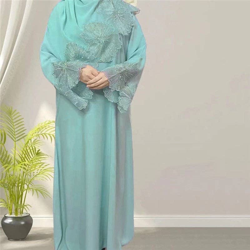 FurDecoration – Kaftan - Mulher por atacado – Mulher Muçulmana de Cor Sólida Abaya com Lenço de Cabeça2