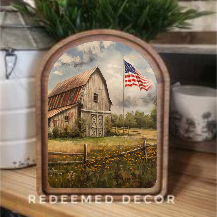 Redeemed Decor - Wholesale Wood Wall Art - Arch Top Patriotic Homestead Framed Art 0
