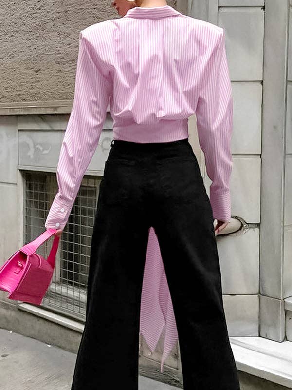 Sheer Trend - Wholesale Button Down Shirt - Women's - Long Sleeves Loose Asymmetric Split-Joint Striped Lapel Blouses2