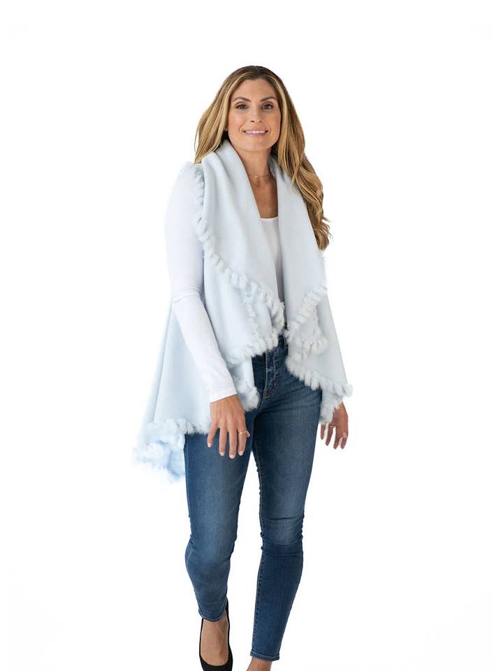 4 Styles in 1 Cardigan Sweater Fur Trim Shawl Wrap Lite Blue for wholesale by Heidi Kagan Designs, LLC.