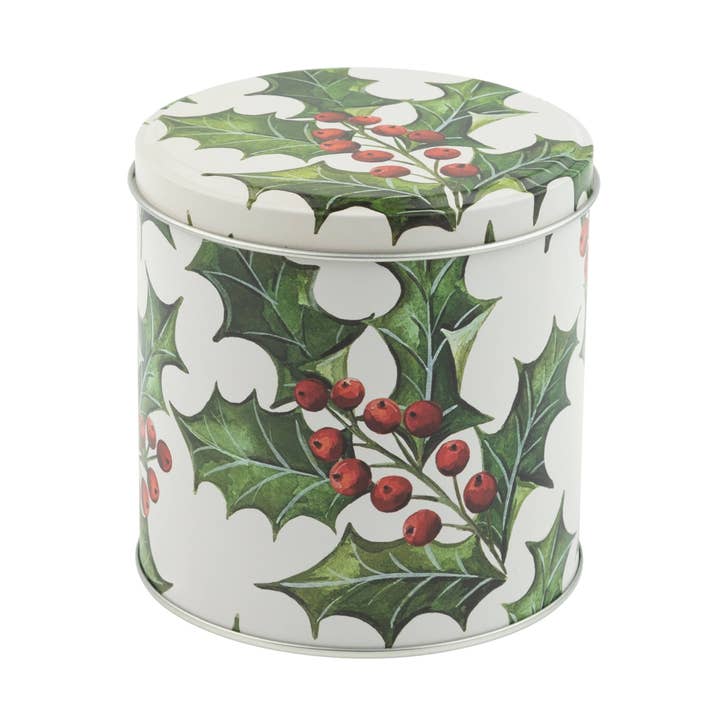 Silver Tree Home & Holiday - Wholesale Ornament - G00605: Tin lid candy/cookie container,grn,rd holly,4x4in0