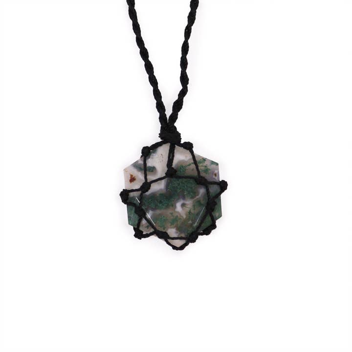 Laced Gemstone Hexagon Pendant - Moss Agate for wholesale by Ancient Wisdom
