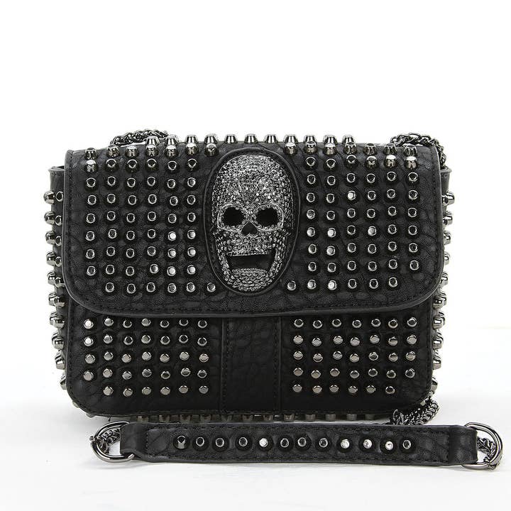 Studded Skull Head Small Shoulder Bag In Vinyl for wholesale by COMECO INC