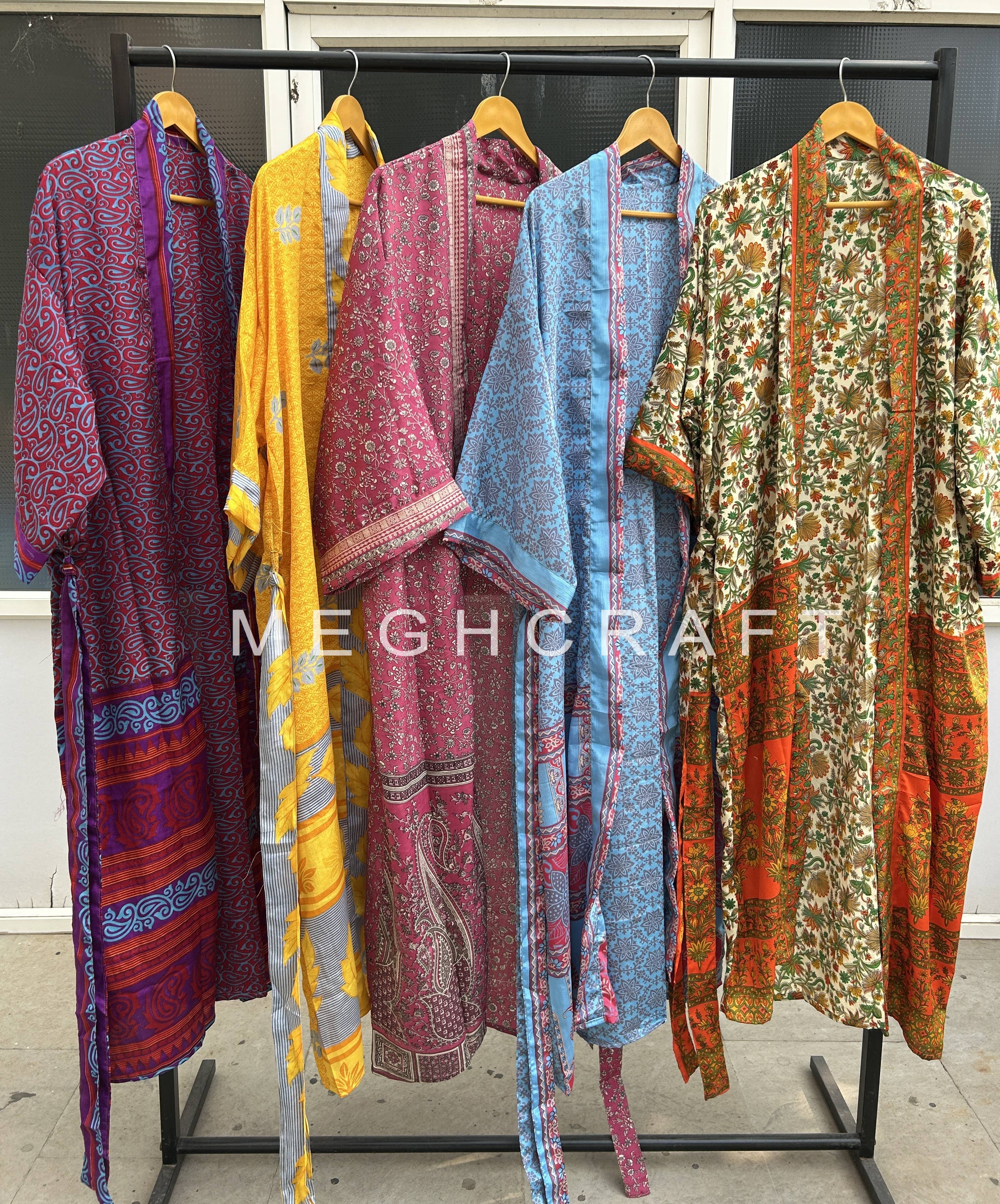 Meghcraft - Wholesale Kimono - Women's - Assorted Recycled Silk Sari Kimono Robe FREE SIZE1