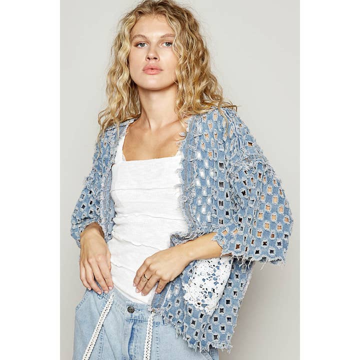Pol Clothing - Wholesale Cardigan - Women's - Short sleeve open knitted woven open cardigan1