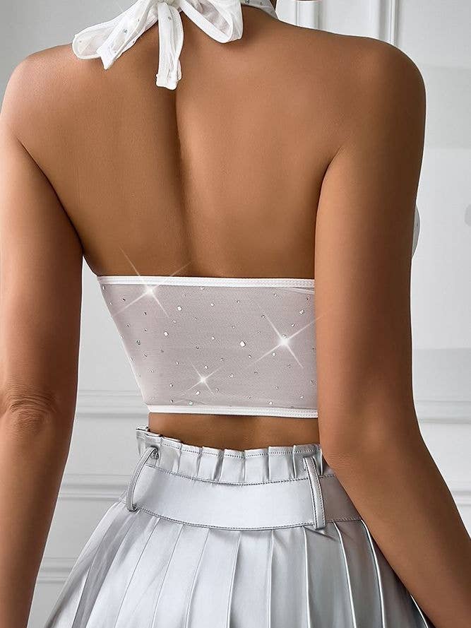 White Halter Neck Rhinestone Mesh Fishbone Corset Top GZCY01 for wholesale on Faire